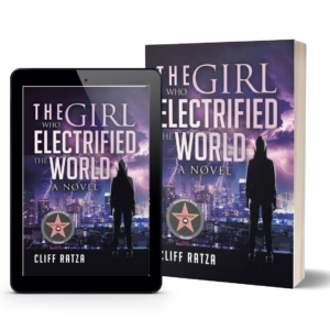 An e-book and hard copy of the cover of The Girl Who Electrified the World