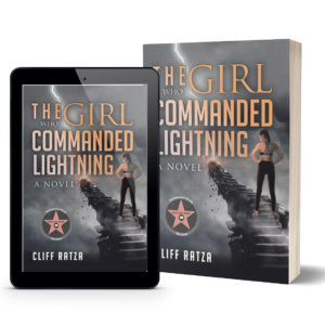 An e-book and hard copy of the cover of The Girl Who Commanded Lightning