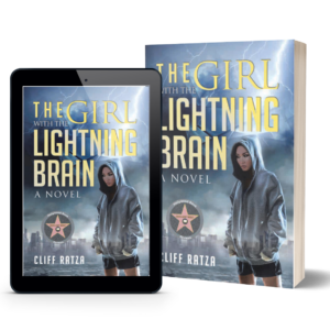 The Girl With the Lightning Brain paperback novel and on the tablet
