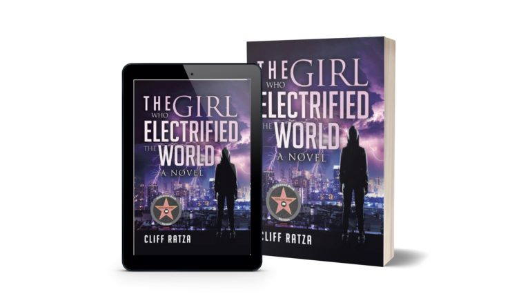 An e-book and hard copy of the cover of The Girl Who Electrified the World