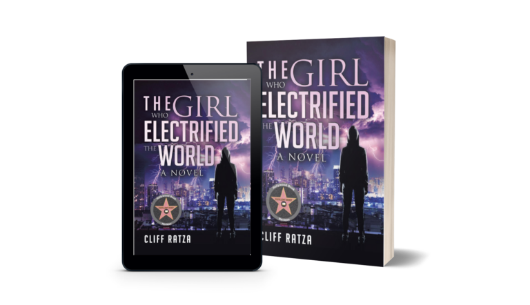 An e-book and hard copy of the cover of The Girl Who Electrified the World