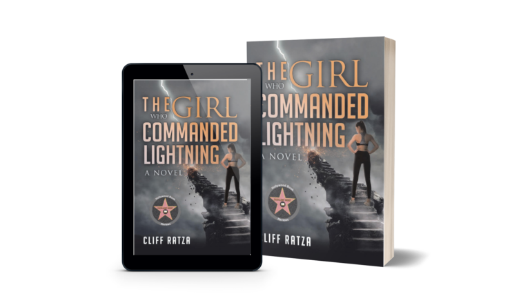 An e-book and hard copy of the cover of The Girl Who Commanded Lightning