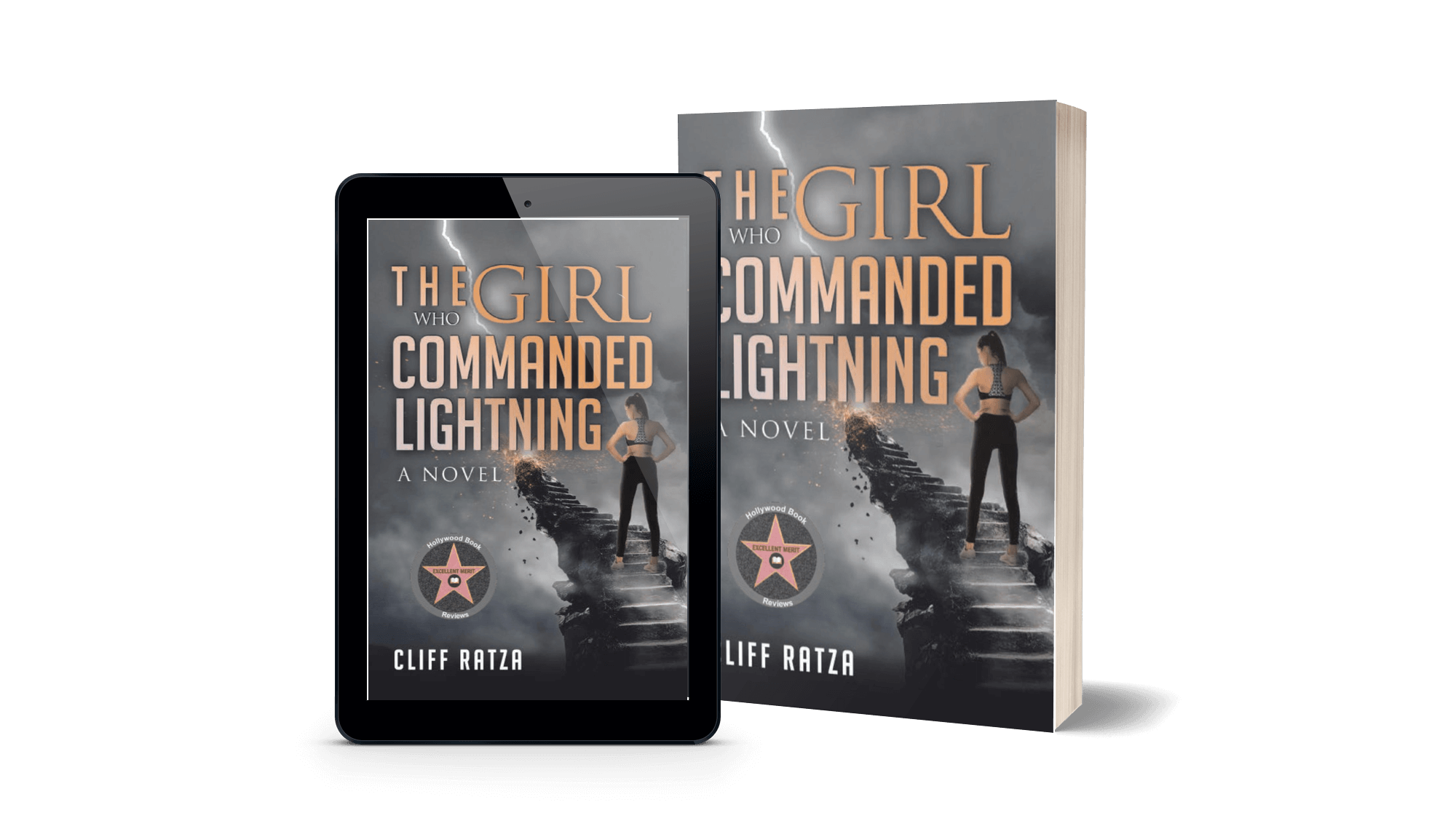 Book called The Girl Who Commanded Lightning beside a tablet showing its digital version