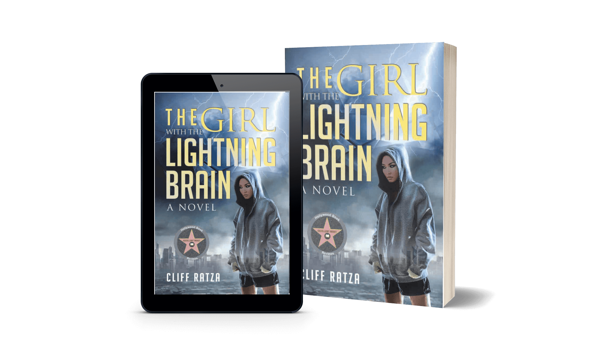 Book called The Girl With the Lightning Brain beside its digital version