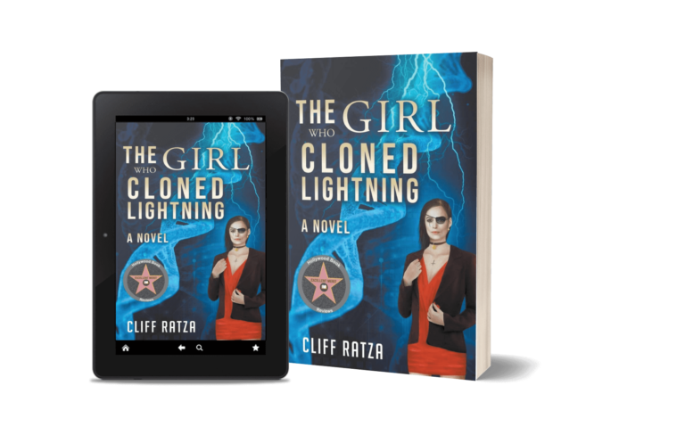 Book called The Girl Who Cloned Lightning beside a tablet displaying its digital version
