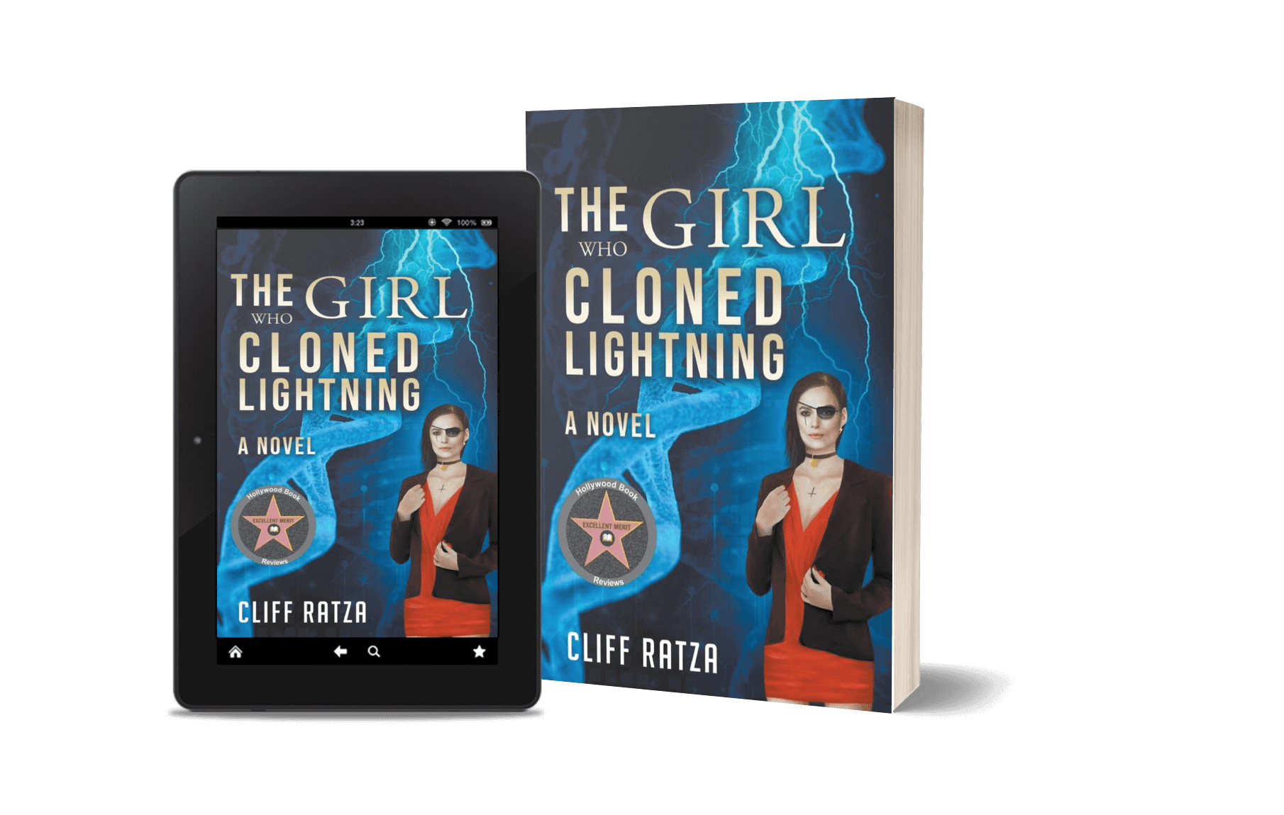 Book called The Girl Who Cloned Lightning beside a tablet displaying its digital version